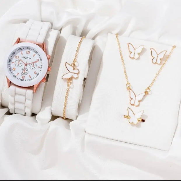 5PCS Set Luxury Watch Women Ring Necklace Earrings Rhinestone Fashion Wristwatch Female Casual Ladies Watches Bracelet Set Clock