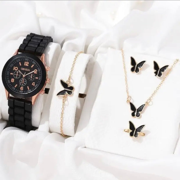 5PCS Set Luxury Watch Women Ring Necklace Earrings Rhinestone Fashion Wristwatch Female Casual Ladies Watches Bracelet Set Clock