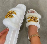 Winter Plush Slippers Fashion Open Toe Solid Color Women's Sandals Metal Chain Outdoor Casual Women's Shoes  Fashion Shoes