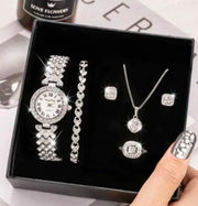 Fashion Luxury Full Crystal 5 Pcs Watch  Necklace Earrings  Ring  Set for Women Rhinestone  Wristwatch Female Bracelet Set Gift