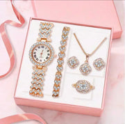 Fashion Luxury Full Crystal 5 Pcs Watch  Necklace Earrings  Ring  Set for Women Rhinestone  Wristwatch Female Bracelet Set Gift