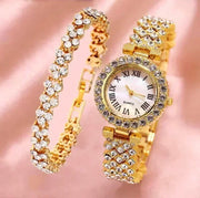 Fashion Luxury Full Crystal 5 Pcs Watch  Necklace Earrings  Ring  Set for Women Rhinestone  Wristwatch Female Bracelet Set Gift