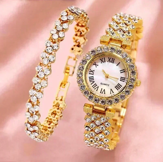 Fashion Luxury Full Crystal 5 Pcs Watch  Necklace Earrings  Ring  Set for Women Rhinestone  Wristwatch Female Bracelet Set Gift