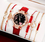 6pcs/set Women's Elegant Heart Rhinestone Quartz Watch Analog PU Leather Wrist Watch &amp; Bracelets,&nbsp;