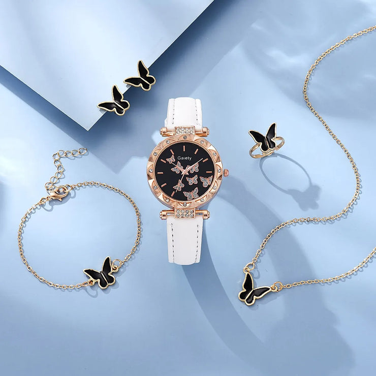 6pcs Luxury Watch Women Ring Necklace Earrings Bracelet Set Watches Butterfly Leather Strap Ladies Quartz WristWatch No Box