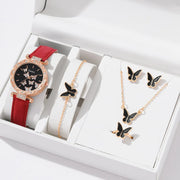 6pcs Luxury Watch Women Ring Necklace Earrings Bracelet Set Watches Butterfly Leather Strap Ladies Quartz WristWatch No Box