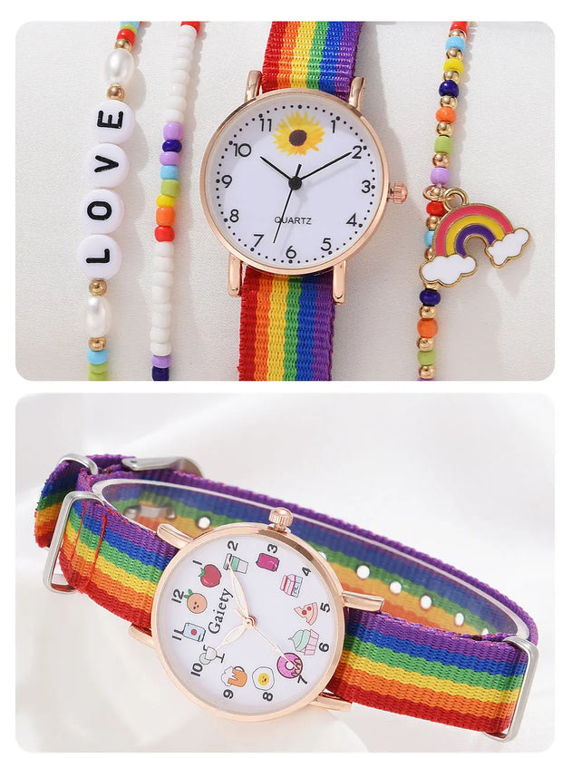 Fashion Luxury Women's Quartz Watches Ladies Rainbow Color Fabric Belt Wristwatch For Women Stylish Dress Reloj Mujer