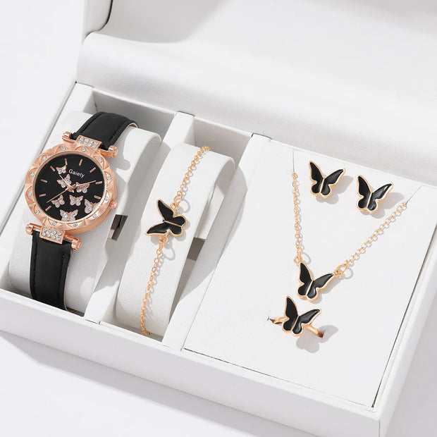 6pcs Luxury Watch Women Ring Necklace Earrings Bracelet Set Watches Butterfly Leather Strap Ladies Quartz WristWatch No Box