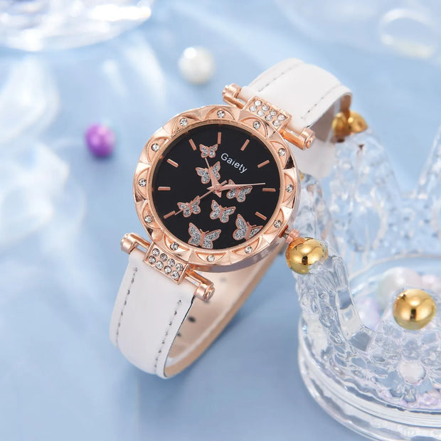 6pcs Luxury Watch Women Ring Necklace Earrings Bracelet Set Watches Butterfly Leather Strap Ladies Quartz WristWatch No Box