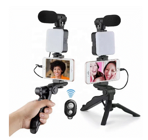 AY-49 Tripod Vlogging Kit Smartphone Vlog LED Light Live Streaming Microphone Video Making Kit