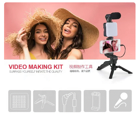 AY-49 Tripod Vlogging Kit Smartphone Vlog LED Light Live Streaming Microphone Video Making Kit